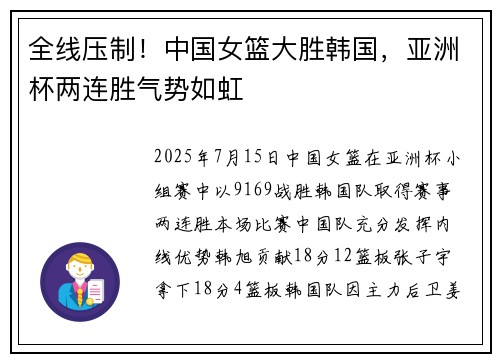 全线压制！中国女篮大胜韩国，亚洲杯两连胜气势如虹